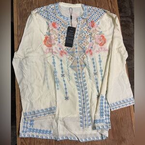 Embroidered Cream Tunic with Blue and Pink Accents